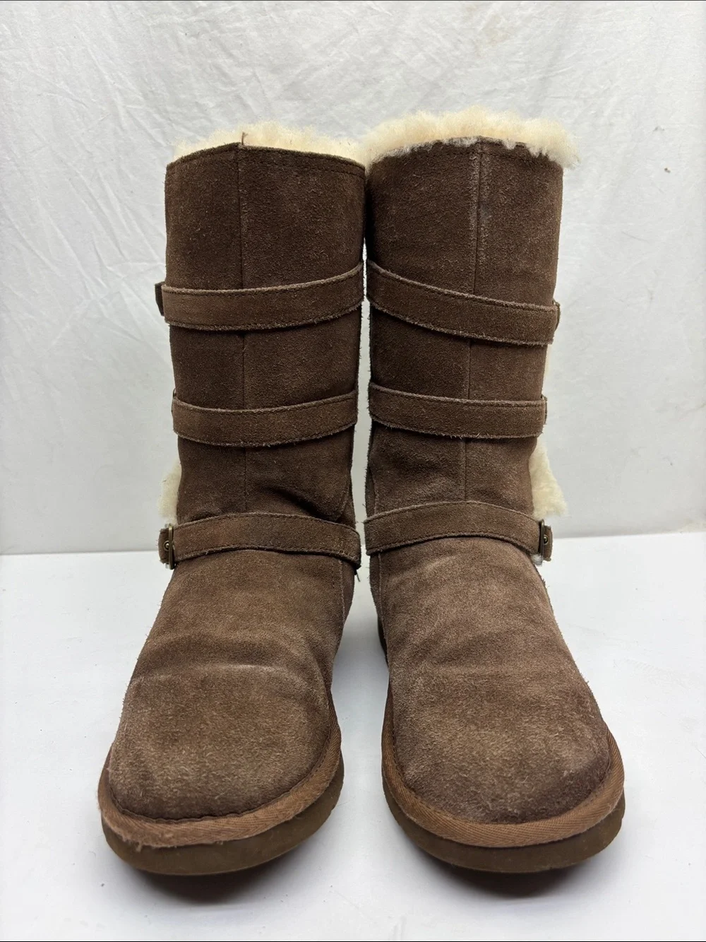 UGG Brown Suede Mid-Calf Shearling Buckle Boots, SZ 4 big girl, box 4